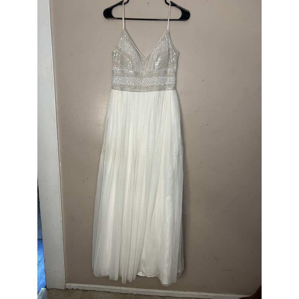 Adrianna Papell Aida Beaded Chiffon Gown Sz 4 Nude  White Wedding Prom Pockets